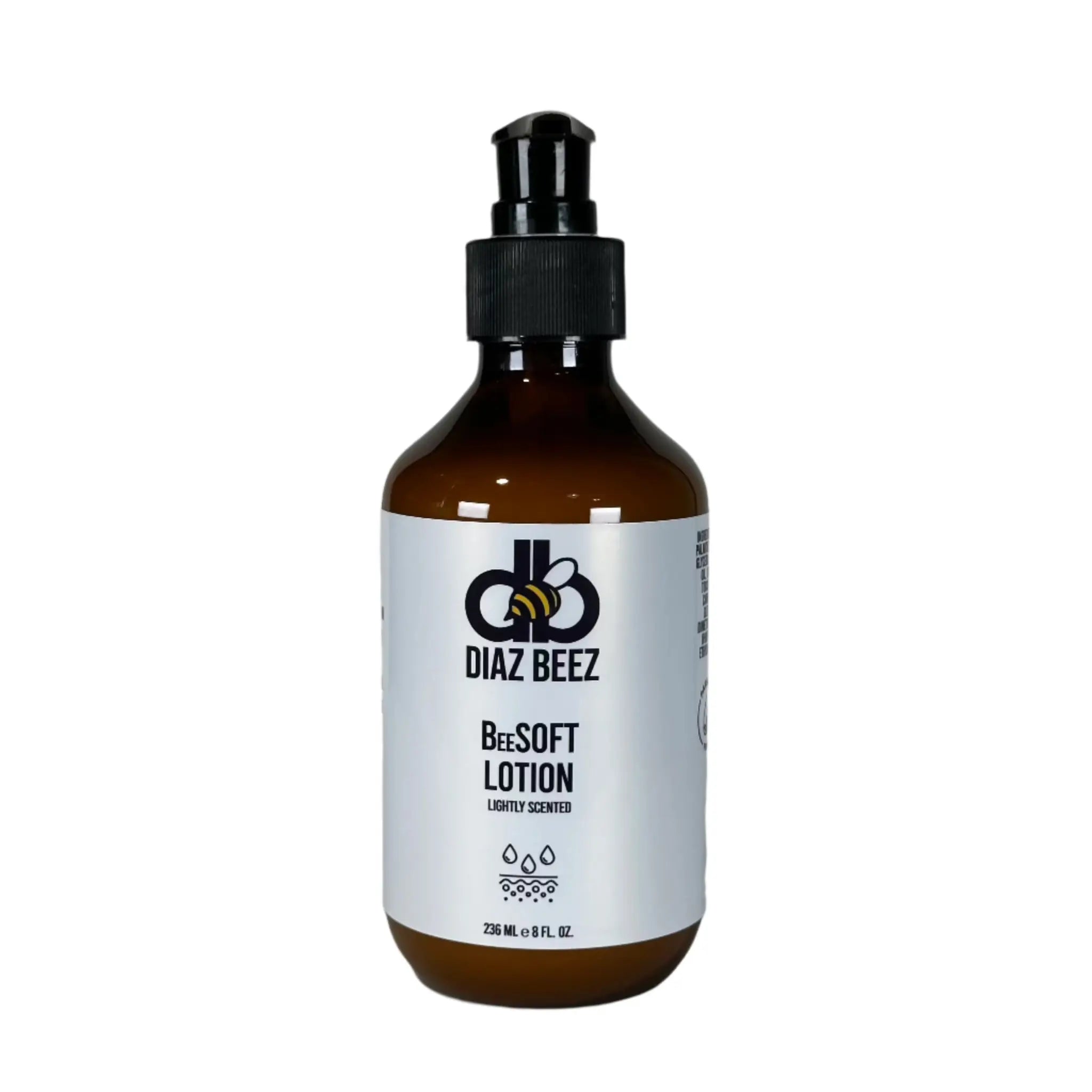 Diaz Beez BeeSOFT lotion bottle with a pump dispenser on a white background. The label shows the brand name and product name.