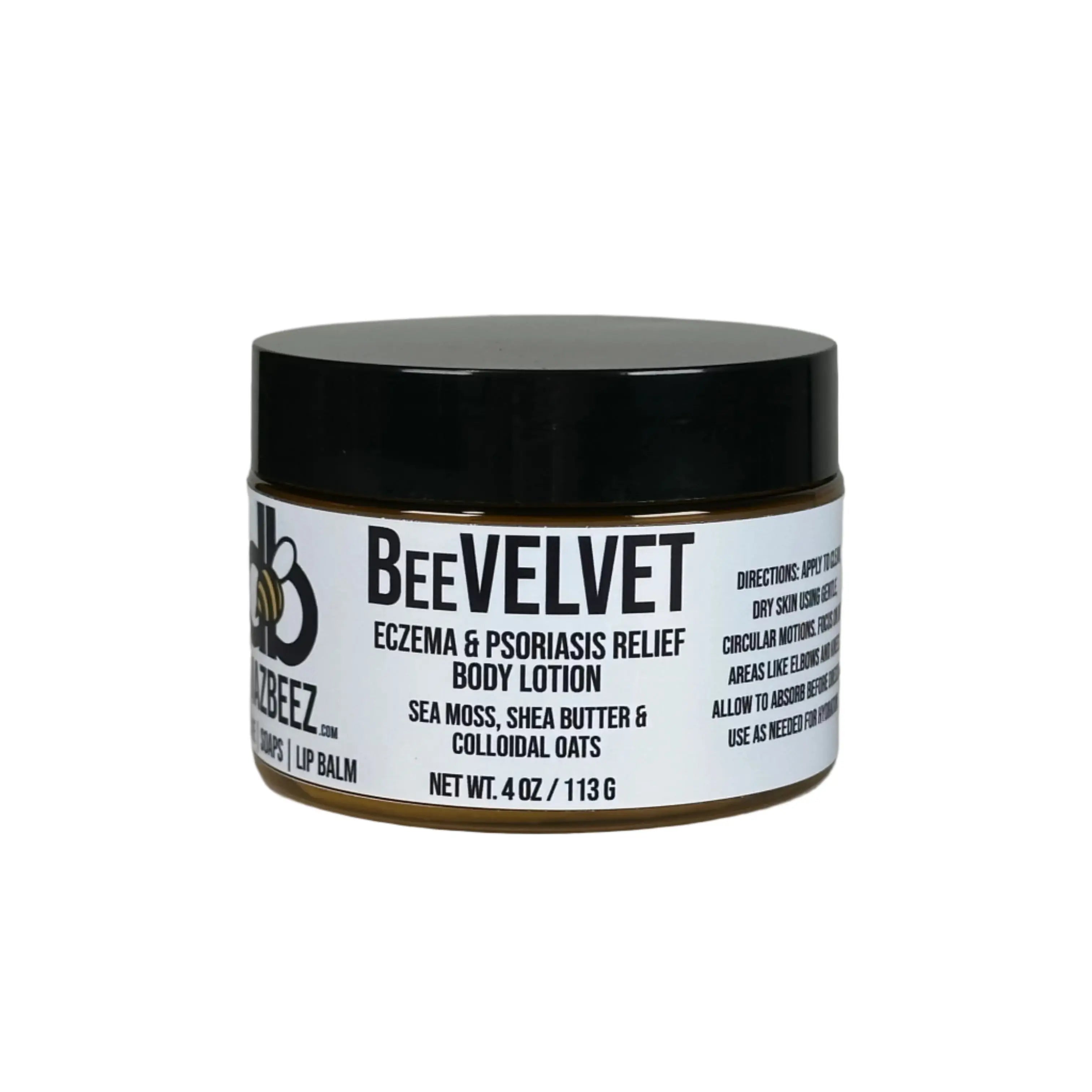 BeeVelvet Eczema & Psoriasis Relief Body Lotion in a jar with sea moss, shea butter, and colloidal oats.