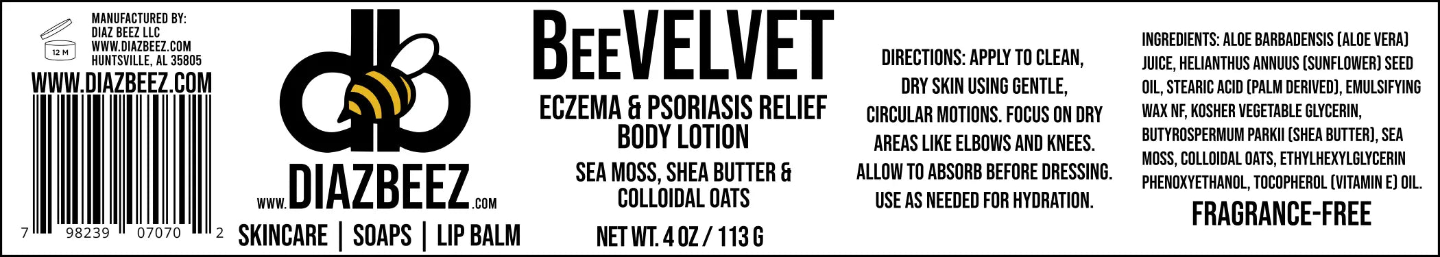 BeeVelvet Eczema & Psoriasis Relief Body Lotion Label: Ingredients, directions, and company info from Diaz Beez LLC are displayed.