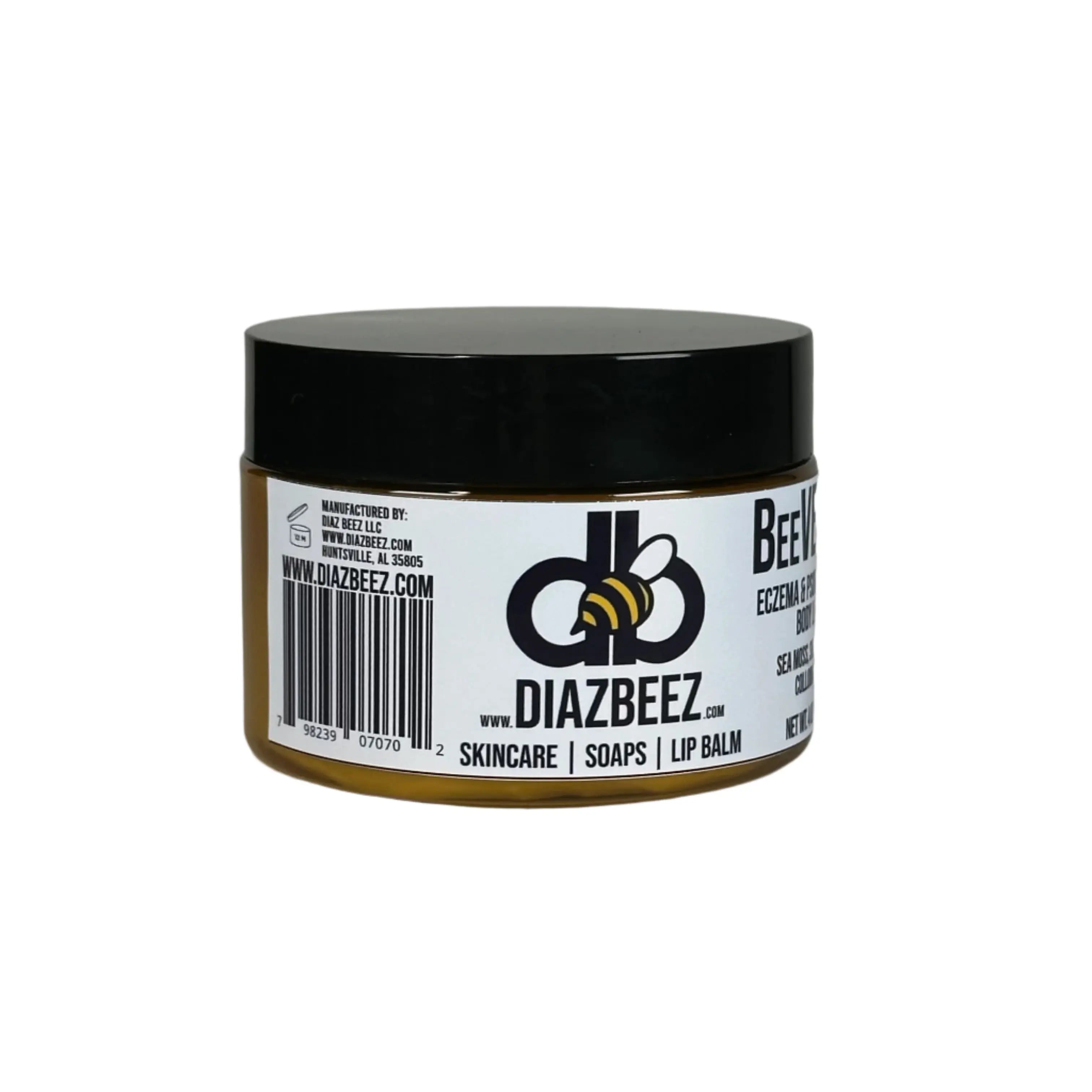 Diaz Beez BeeVelvet Eczema Relief balm jar with black lid, barcode, logo and product info on a white label.