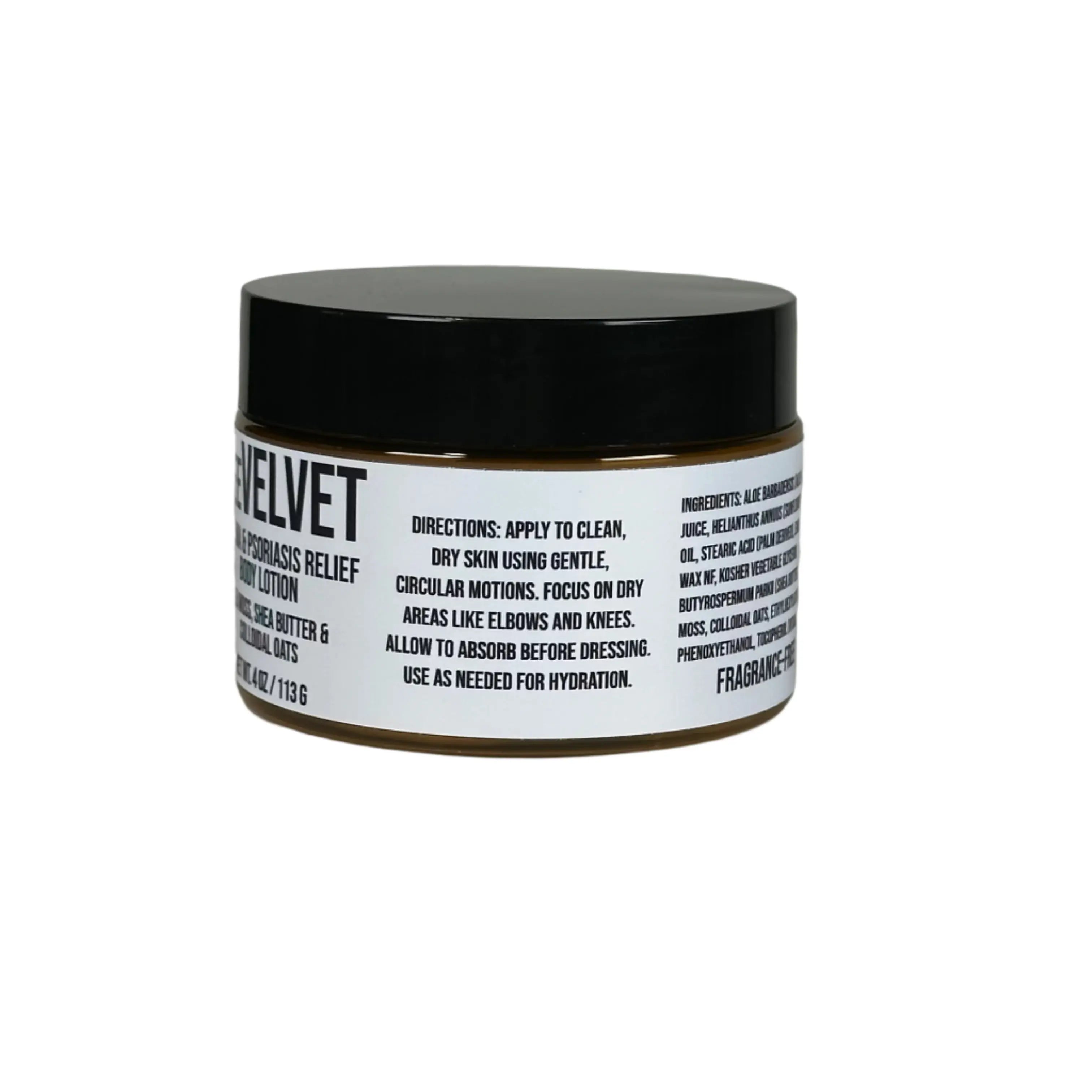 Psoriasis Relief Body Lotion jar with ingredients like shea butter and colloidal oats listed on the label.