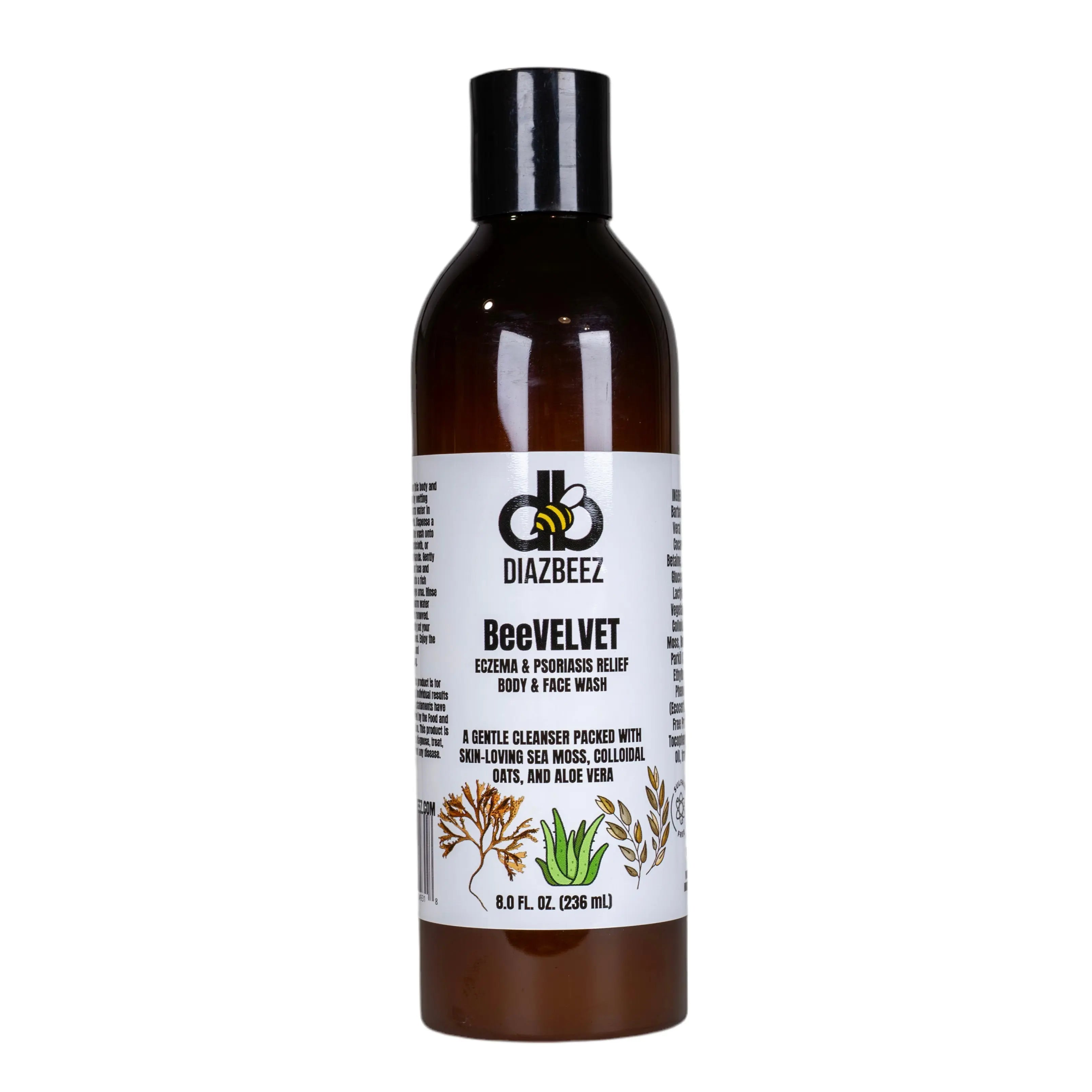 DIAZBEEZ BeeVELVET body wash for eczema and psoriasis relief in a brown bottle.