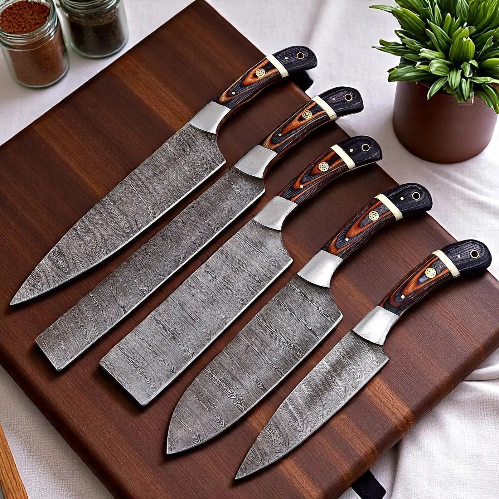 Best Japanese Knife Set – 5-Piece Full Tang Damascus Collection by Damascus Knife Store, Damascus knife main product photo