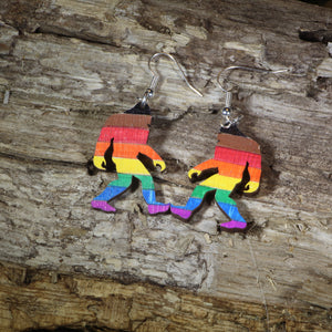 Bigfoot Rainbow Pride Wooden Earrings | LGBTQ Sasquatch Jewelry