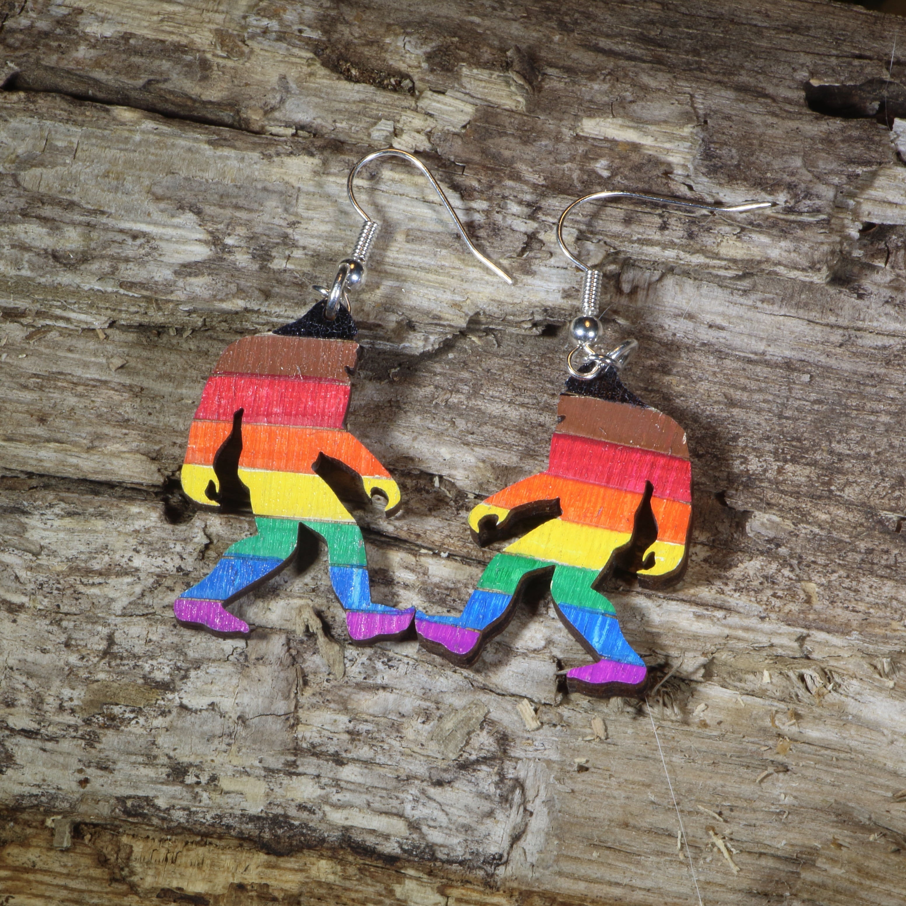 Bigfoot Rainbow Pride Wooden Earrings | LGBTQ Sasquatch Jewelry