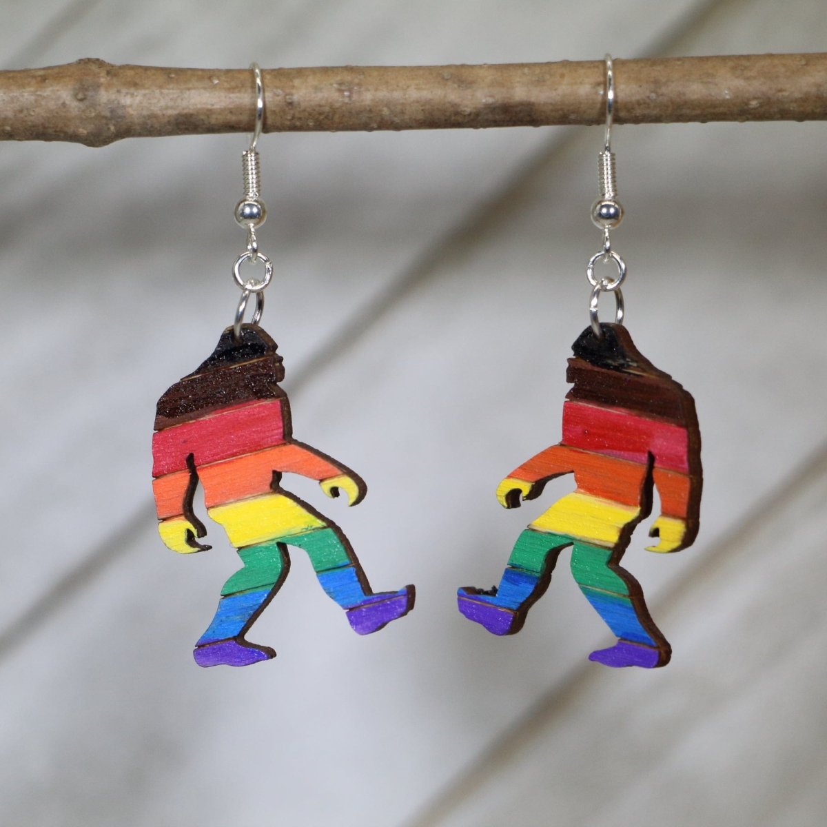 Bigfoot Rainbow Pride Wooden Earrings | LGBTQ Sasquatch Jewelry