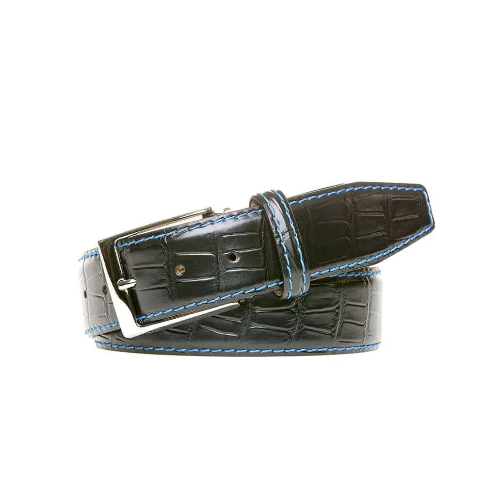 Close up of black mock gator leather belt texture