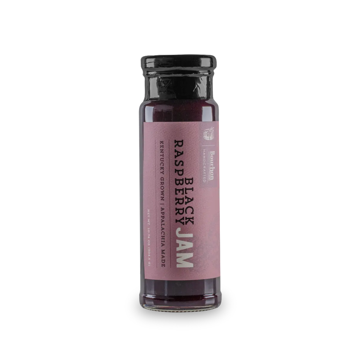 Glass jar of Black Raspberry Jam with Bourbon brand label and descriptive text.