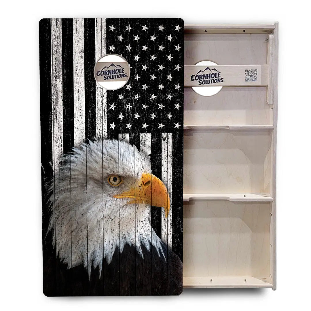 Black & White Eagle Flag Cornhole Boards - Professional Tournament Series by Cornhole Solutions, custom cornhole board detail photo 3