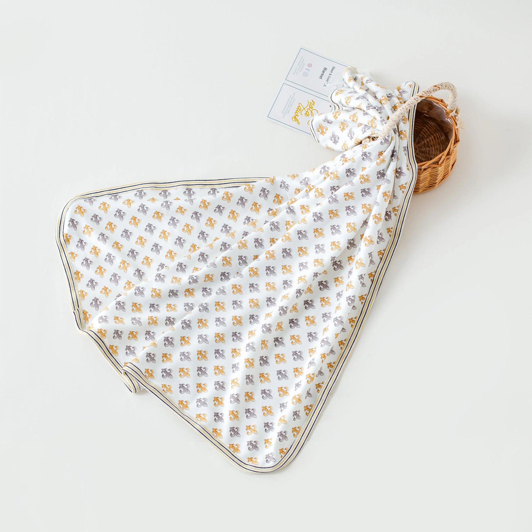 Black and Gold Fleur de Lis Organic Cotton Baby Blanket by Nola Tawk, children's boutique clothing main product photo