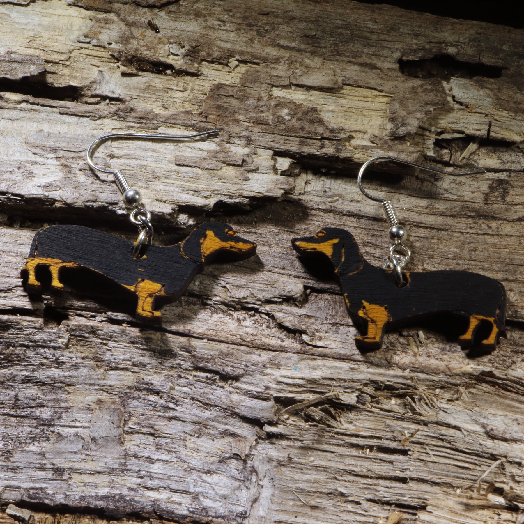 Black & Tan Dachshund Wooden Dangle Earrings | Wiener Dog Jewelry