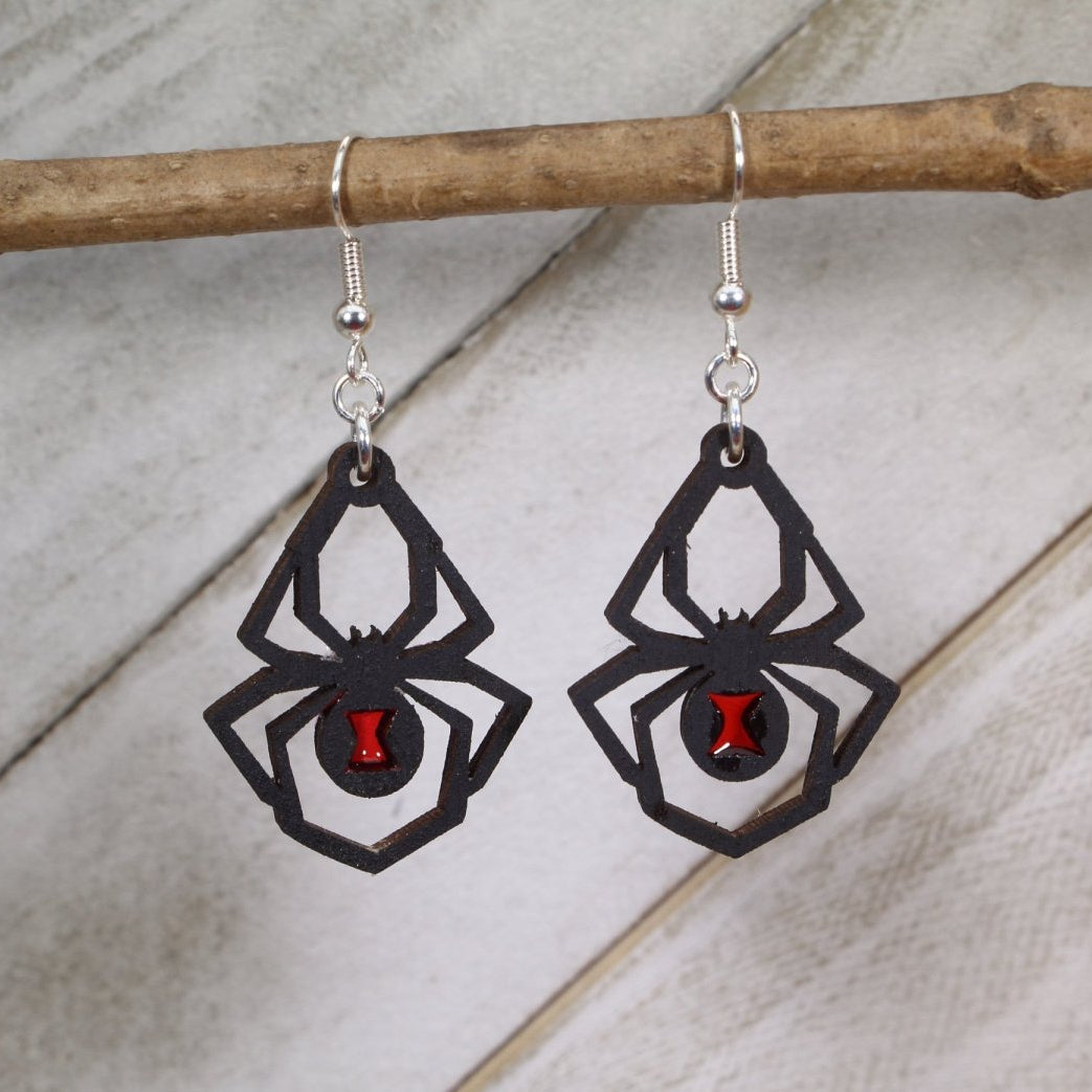 Black Widow Spider Wood Resin Earrings | Gothic Insect Jewelry