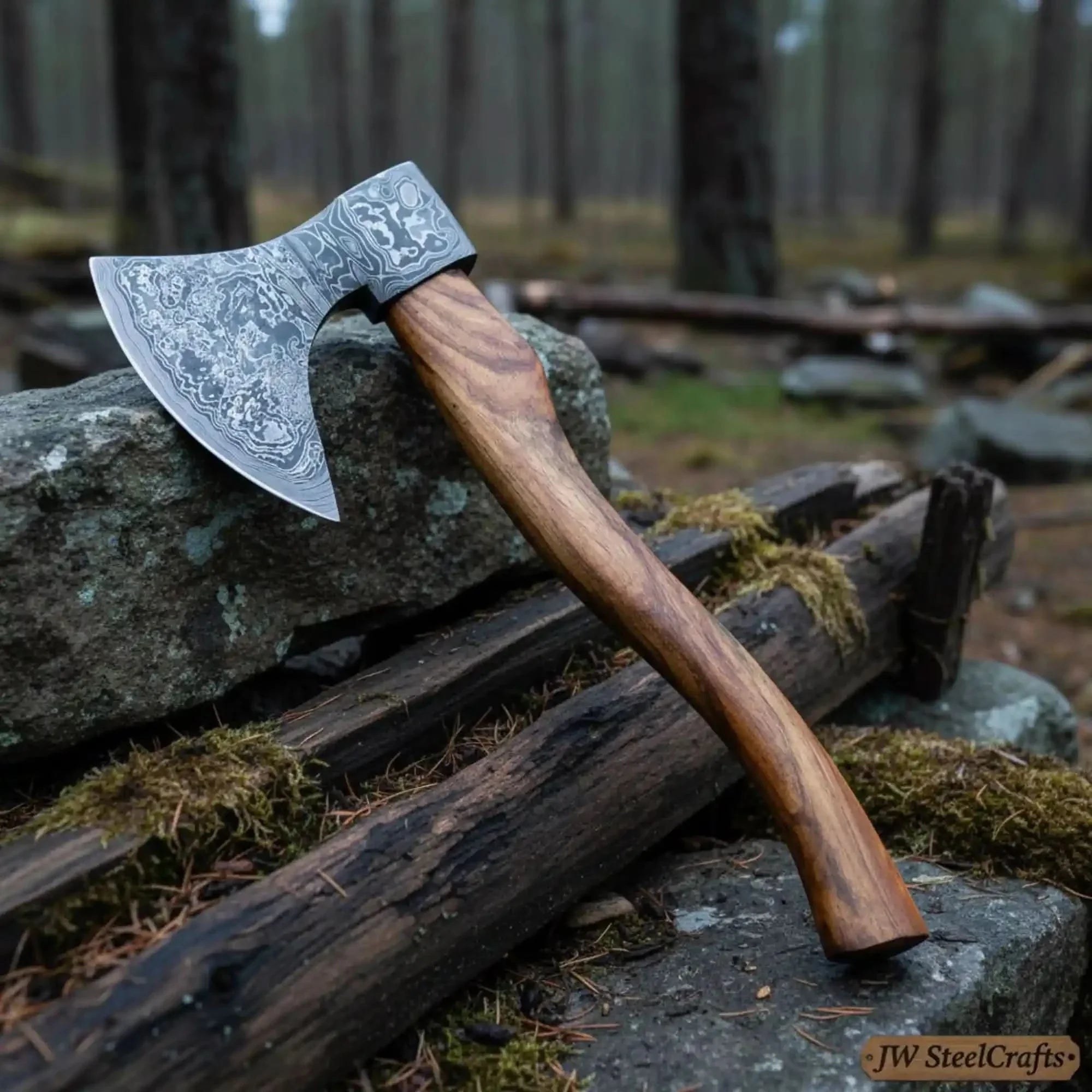 Hand Engraved Norse Viking Bearded Axe with Damascus Steel Blade and Carved Hardwood Handle | JW SteelCrafts by JW SteelCrafts, Southern lifestyle apparel main product photo