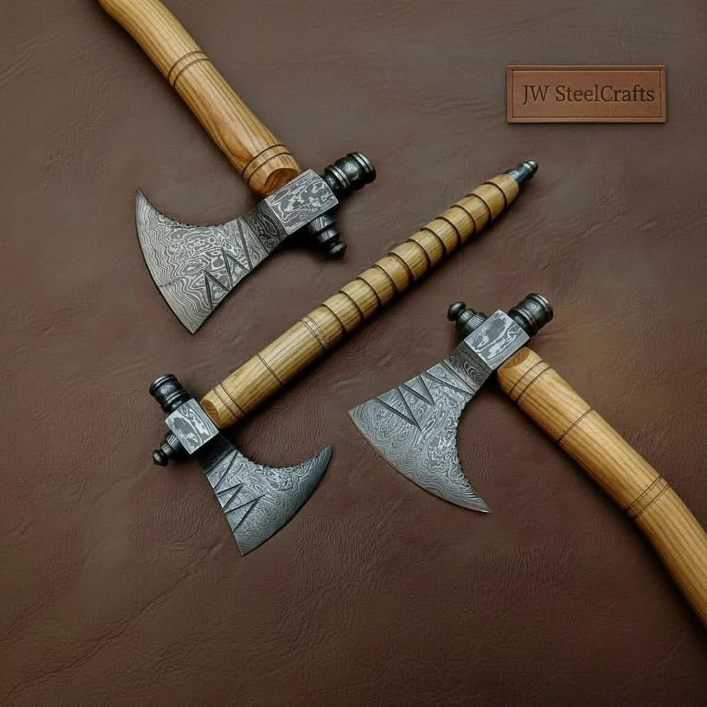 Damascus Pipe Axe 19 Inch Ash Wood Handle | Hand Forged Tomahawk Smoking Axe | JW SteelCrafts by JW SteelCrafts, Southern lifestyle apparel main product photo