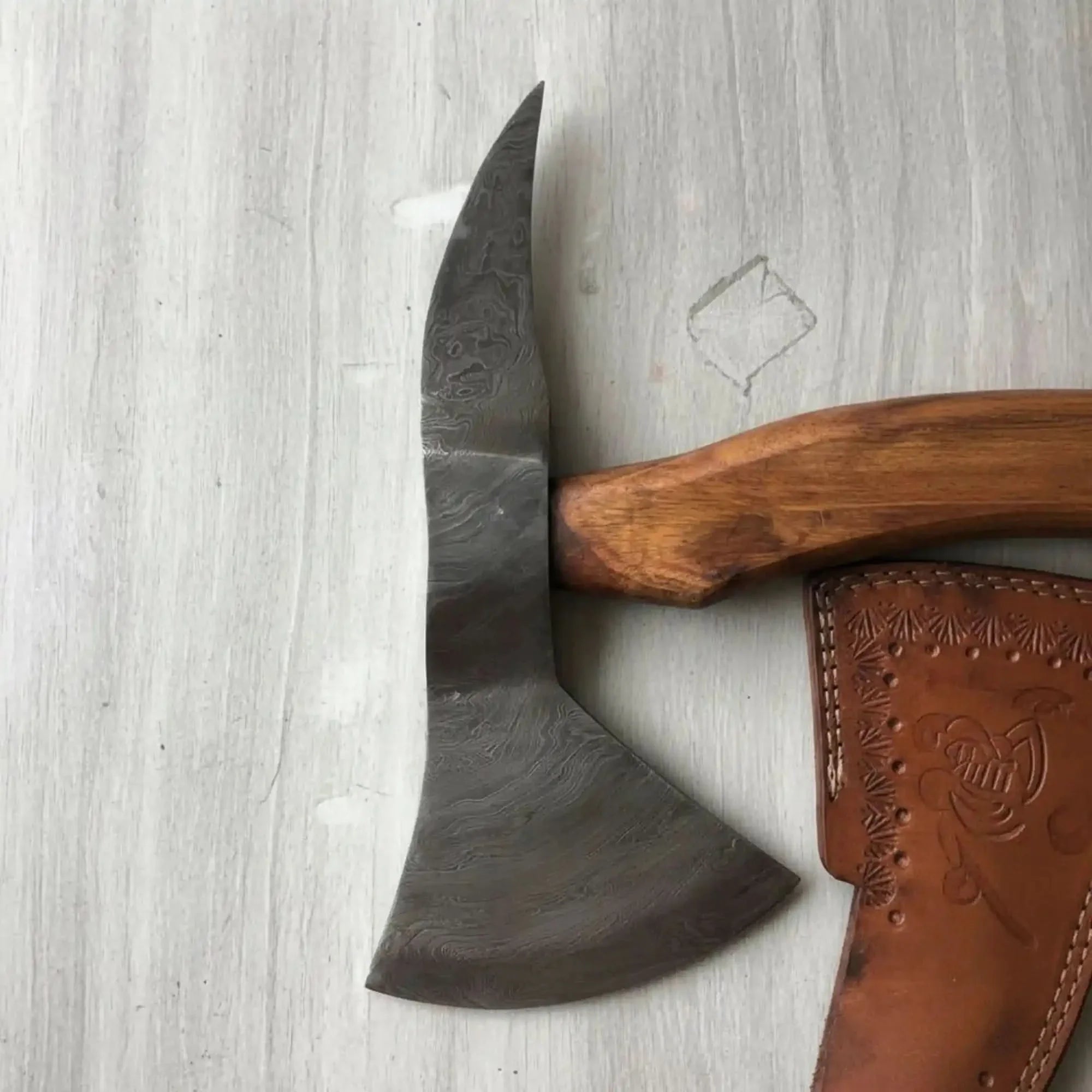 Camping Axe Damascus Steel 20 Inch Rosewood Handle with Leather Sheath by JW SteelCrafts, leather knife sheath detail photo 2