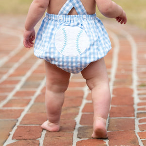 Blue Baseball Sunsuit by Seven Lantern Lane, children's boutique clothing detail photo 2