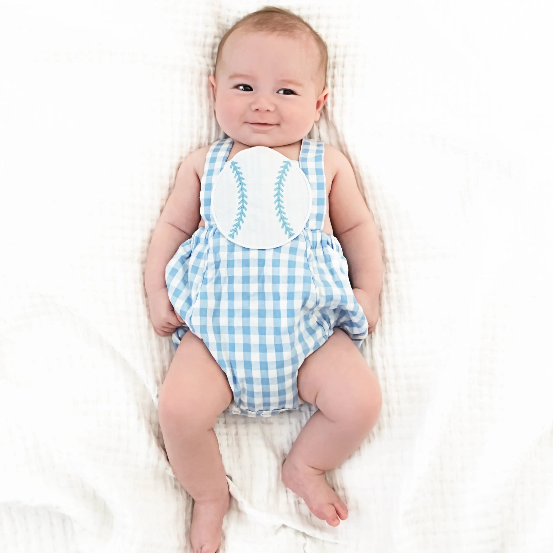 Blue Baseball Sunsuit by Seven Lantern Lane, children's boutique clothing detail photo 5