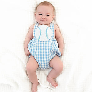 Blue Baseball Sunsuit by Seven Lantern Lane, children's boutique clothing detail photo 5