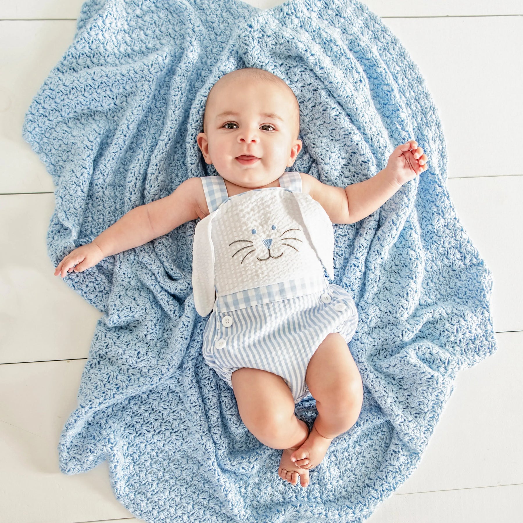 Blue Bunny Sunsuit by Seven Lantern Lane, children's boutique clothing detail photo 2