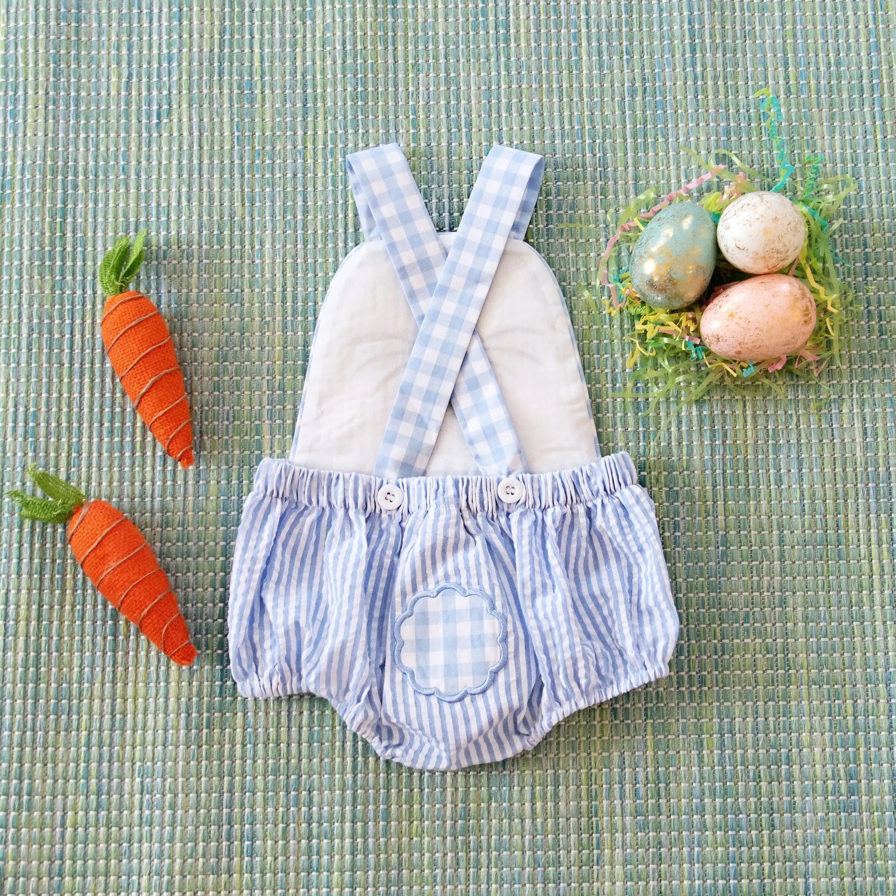 Blue Bunny Sunsuit by Seven Lantern Lane, children's boutique clothing detail photo 4