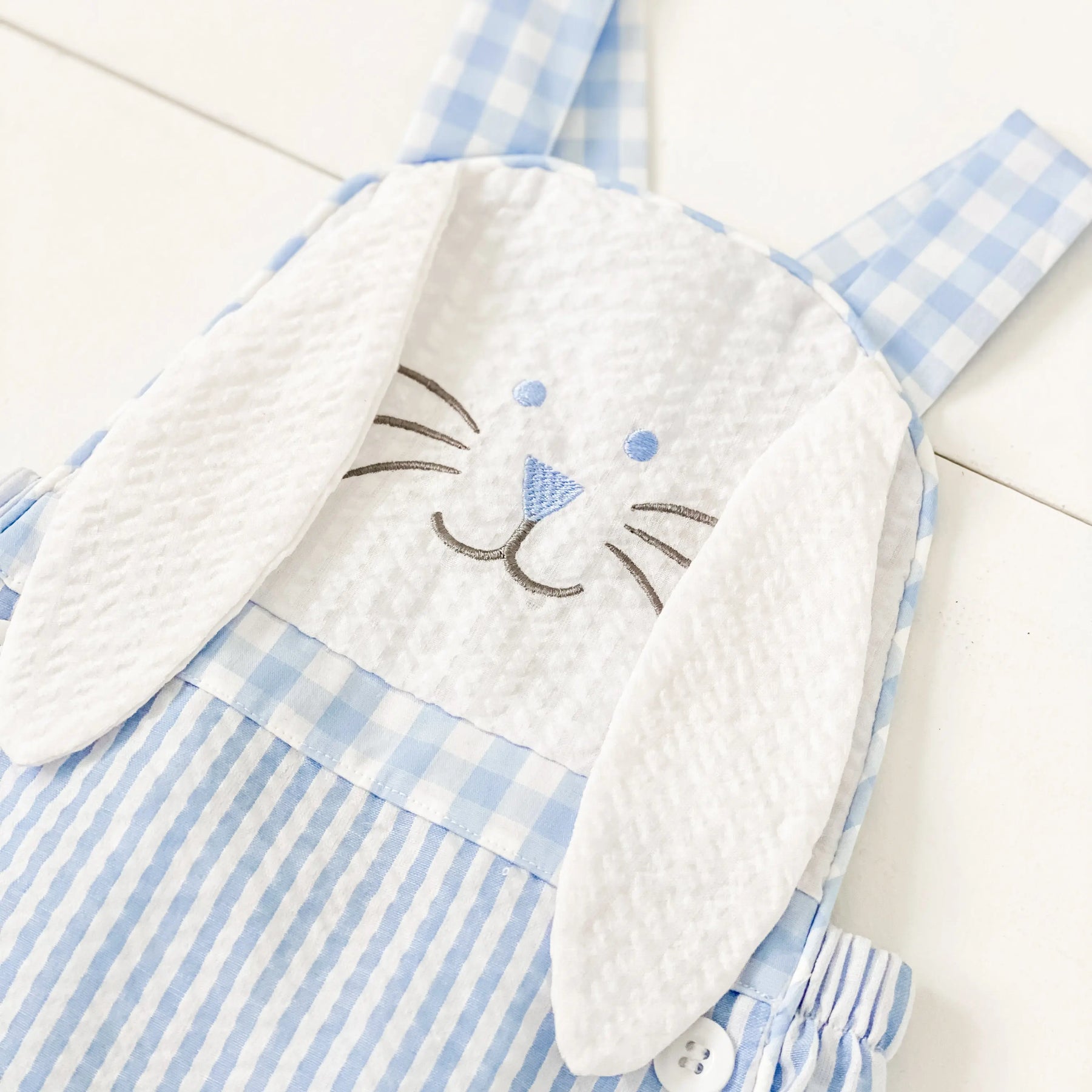 Blue Bunny Sunsuit by Seven Lantern Lane, children's boutique clothing detail photo 6