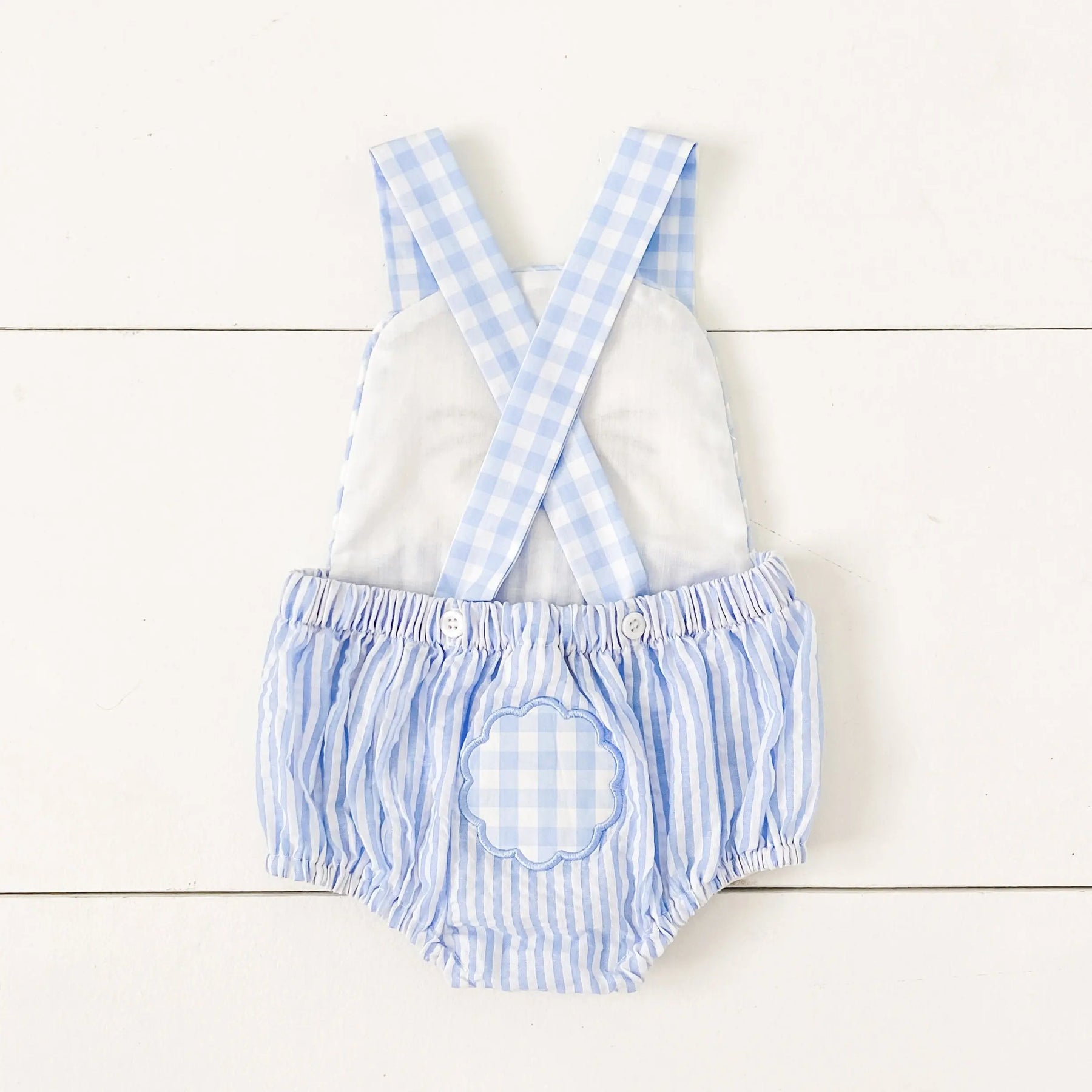 Blue Bunny Sunsuit by Seven Lantern Lane, children's boutique clothing detail photo 9