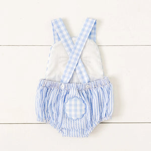 Blue Bunny Sunsuit by Seven Lantern Lane, children's boutique clothing detail photo 9