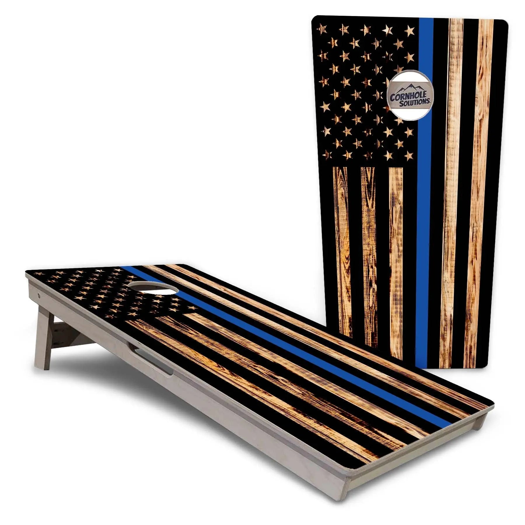 Blue & Red Line Burnt Flag Cornhole Boards - Professional Tournament Series by Cornhole Solutions, custom cornhole board detail photo 3