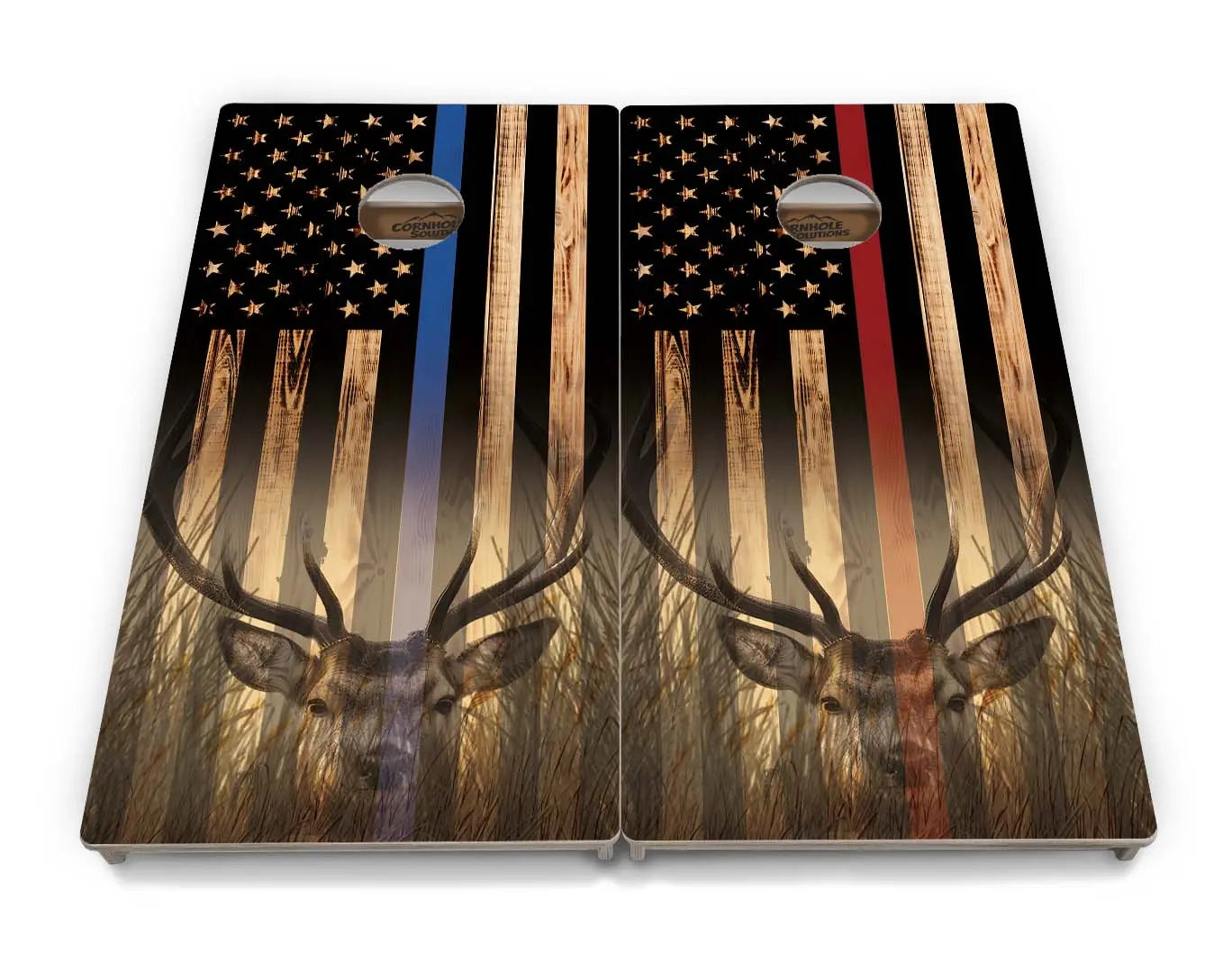 Blue & Red Line Burnt Flag Deer & Fish Cornhole Boards - Professional Tournament Series by Cornhole Solutions, custom cornhole board detail photo 22
