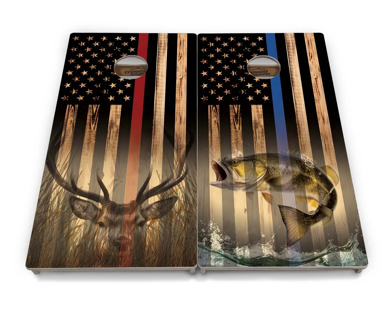 Blue & Red Line Burnt Flag Deer & Fish Cornhole Boards - Professional Tournament Series by Cornhole Solutions, custom cornhole board detail photo 27
