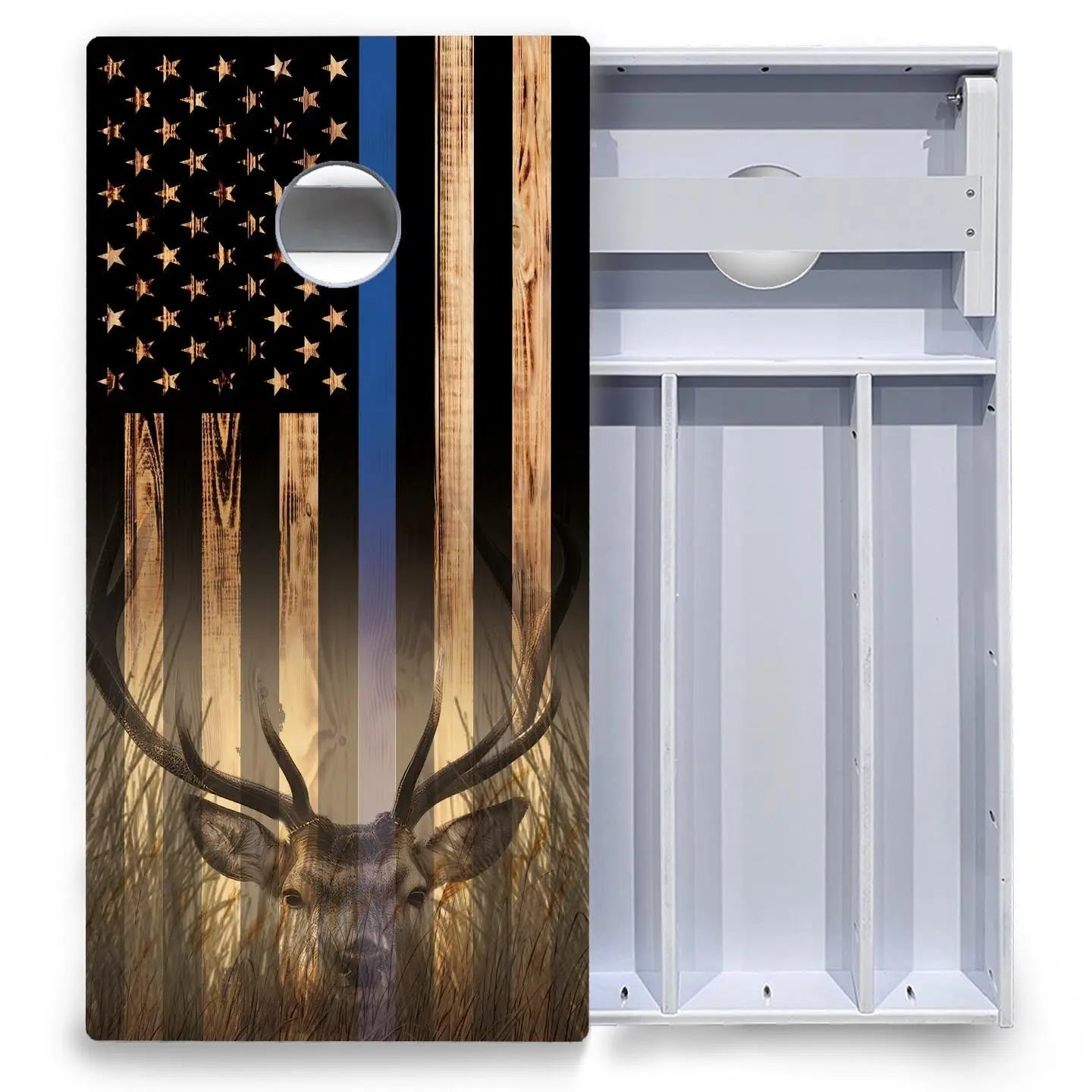 Blue & Red Line Deer & Fish Flag Cornhole Boards - All Weather Series by Cornhole Solutions, custom cornhole board detail photo 3