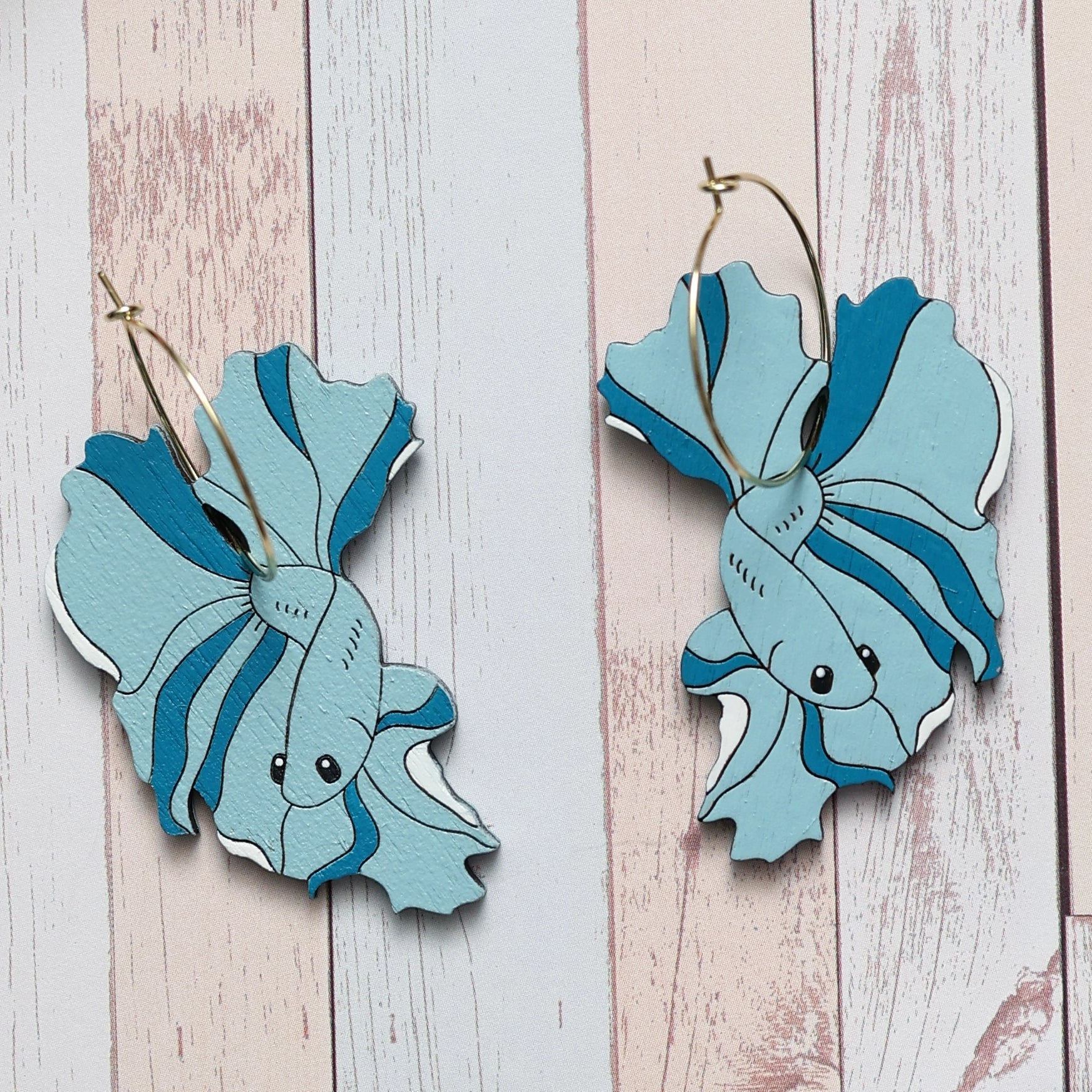 Betta Fish Hoop Earrings, Blue hand painted on lightweight wood by LE CHIC MIAMI