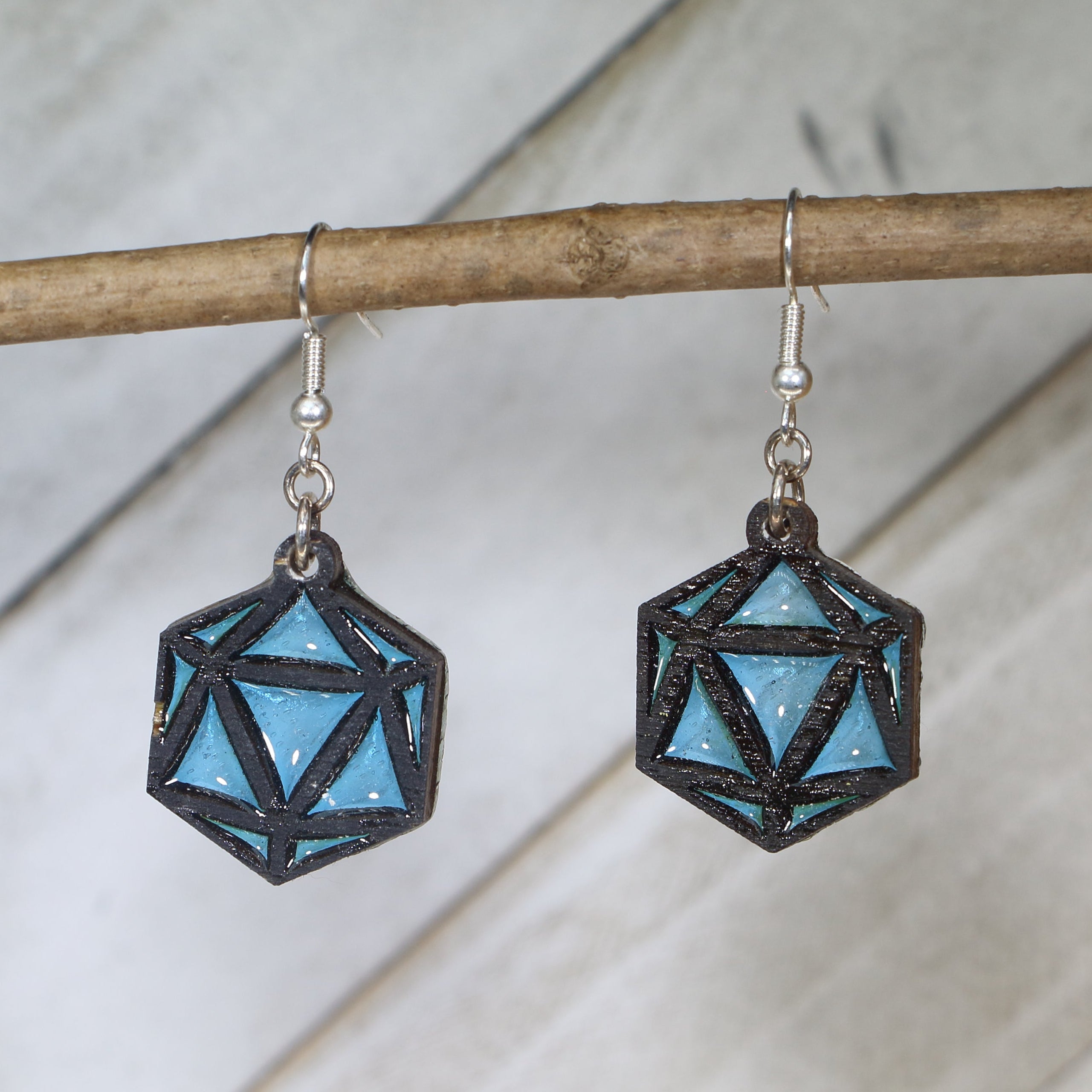 Blue D20 Wooden Dangle Earrings | Dungeons and Dragons Jewelry