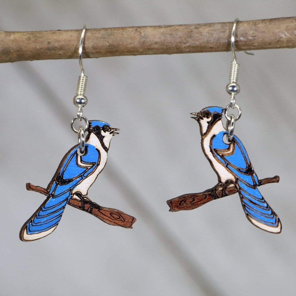 Blue Jay Wooden Dangle Earrings | Realistic Bird Jewelry by Cate's Concepts, LLC, handmade jewelry main product photo