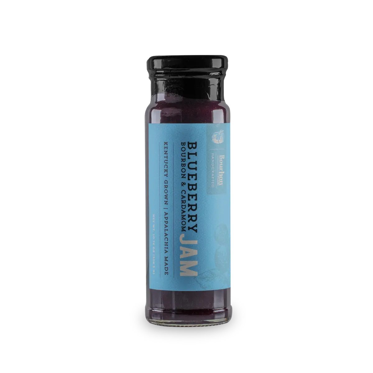 Blueberry Bourbon & Cardamom Jam in a glass jar with a blue label.