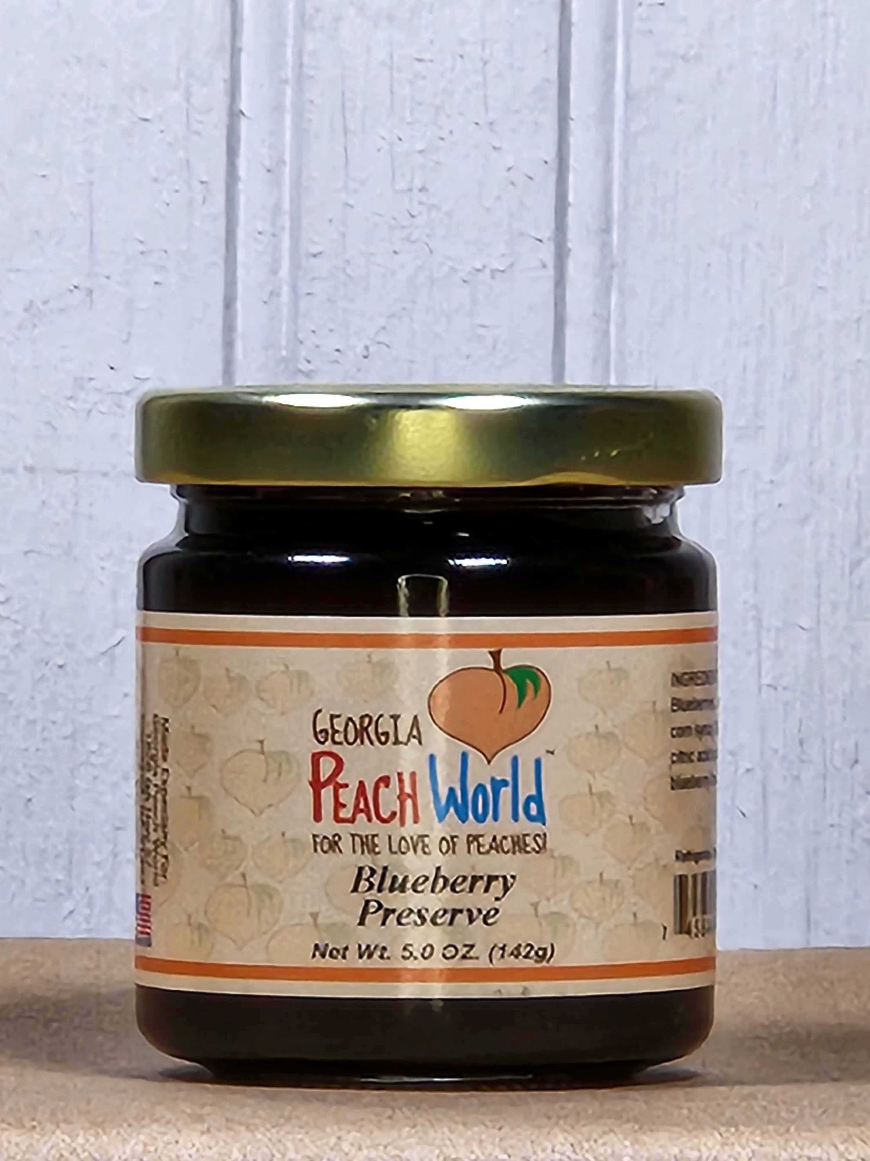 Georgia Peach World Blueberry Preserve fruit jam in a 5oz jar.