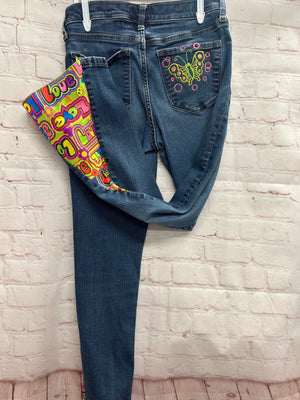 Upcycled Banana Republic Boho Flare Jeans: Butterfly Embroidery, Colorful Love Patchwork - Main Street Collective