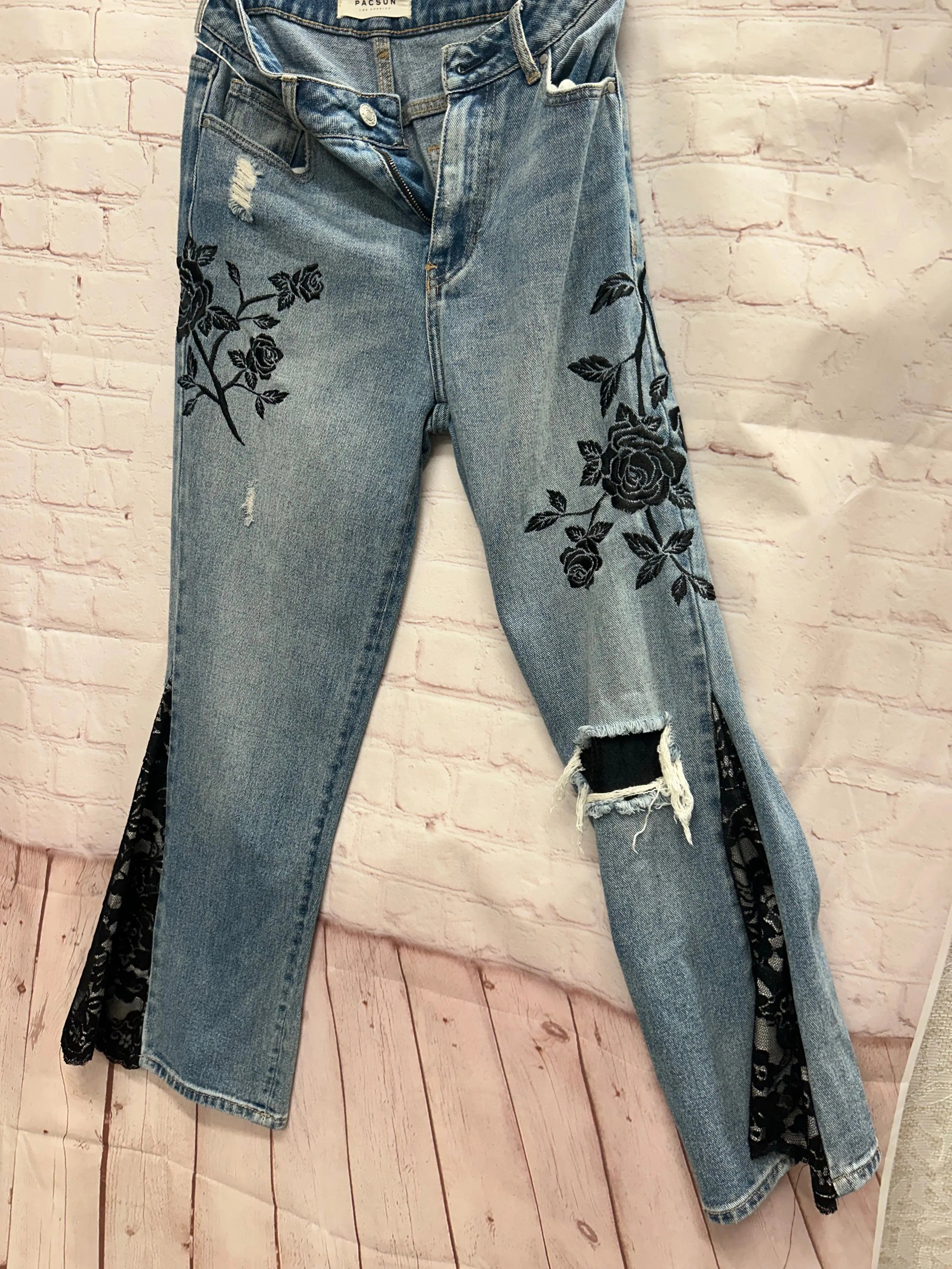 Pacsun Upcycled Jeans: Black Lace Flare with Embroidered Roses, BOHO Style | One-of-a-kind denim, Main Street Collective