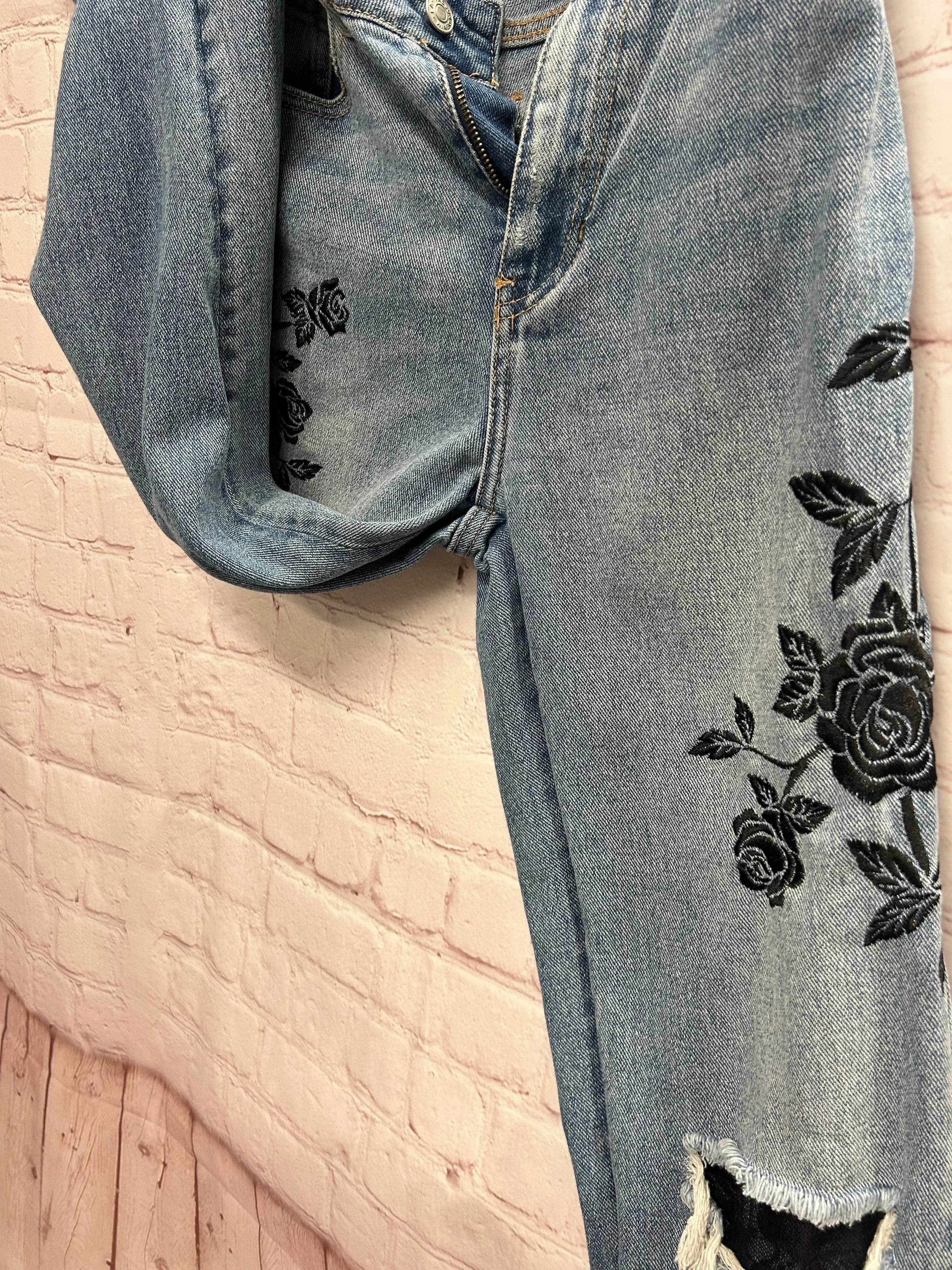 Boho Embroidered Rose Jeans: Pacsun Upcycled Flare Jeans with Black Roses from Main Street Collective - Shop Now!