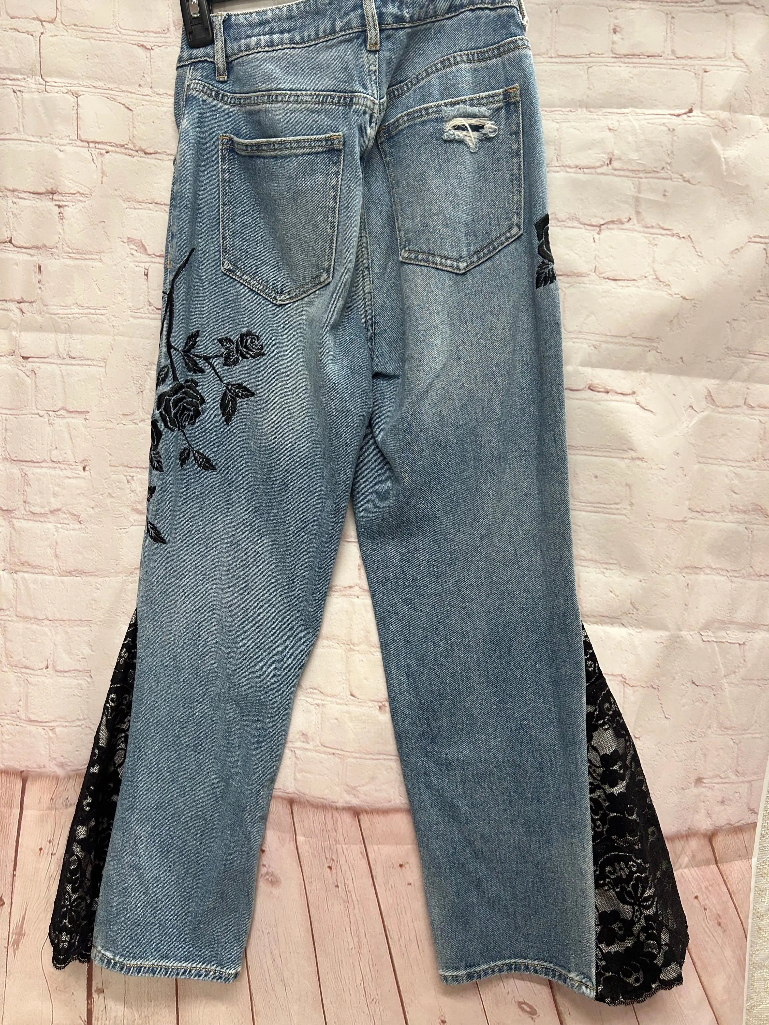 Upcycled Jeans with Black Lace & Rose Embroidery - Boho Chic Denim Pants