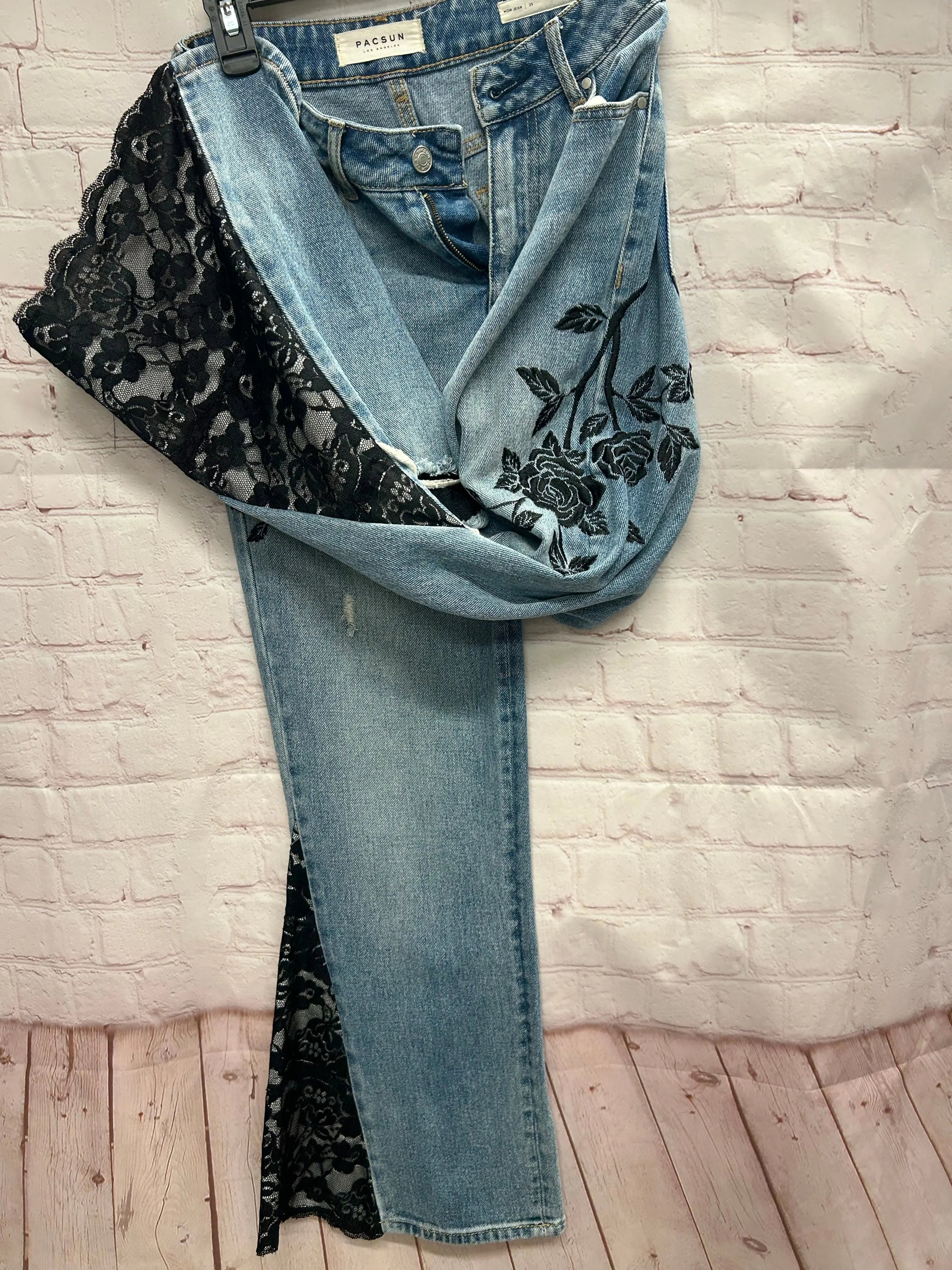 Pacsun Upcycled Flare Jeans: Black Lace & Rose Embroidery, Boho Style. Unique One-of-a-Kind Jeans. Shop Now!
