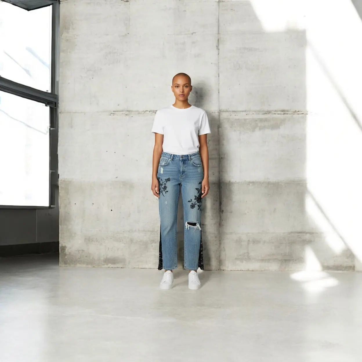 Boho Jeans: Pacsun Upcycled Black Lace Flare Jeans w/ Black Roses Embroidery. Main Street Collective by Lisa B. One-of-a-kind!