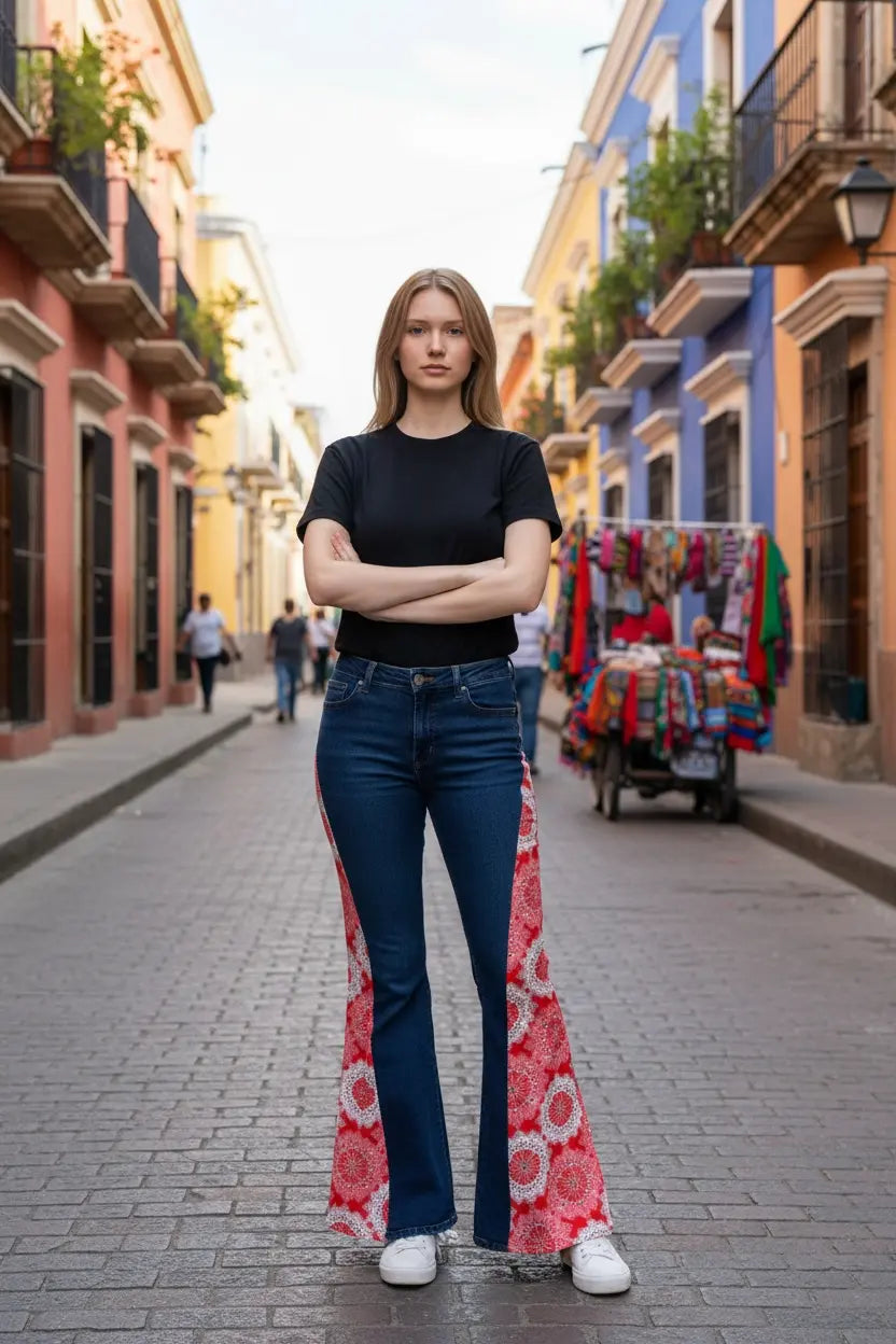 Woman in black shirt and upcycled boho patchwork jeans standing in a colorful city street.