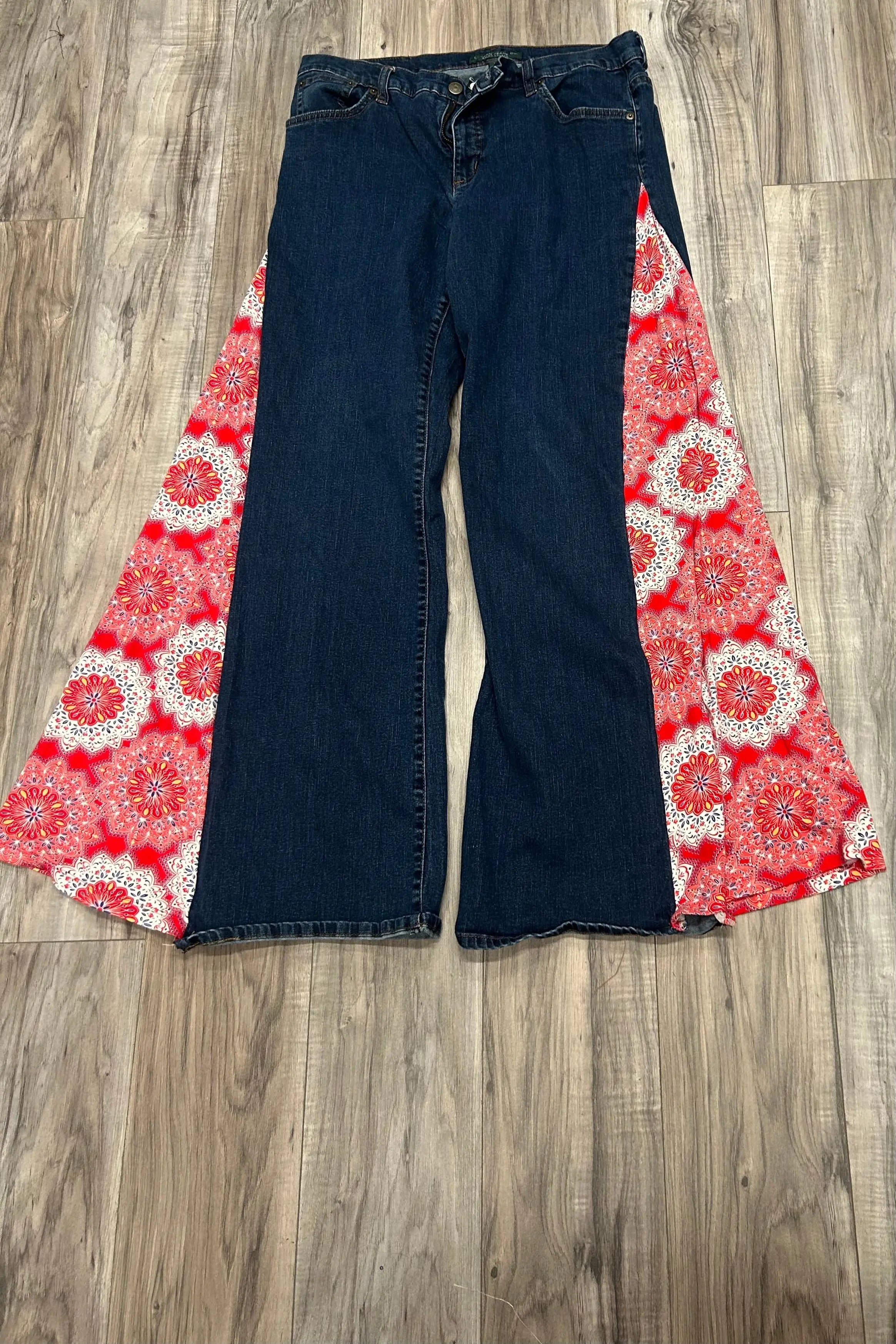 Jeans with custom red and white floral fabric inserts on the sides, Ralph Lauren size 14, boho style.
