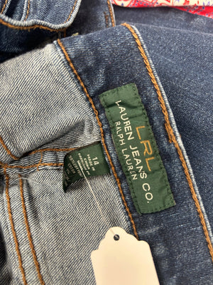 Lauren Jeans Co. jeans, size 14, made of 98% cotton/2% other fibers with a dark wash and brown stitching.