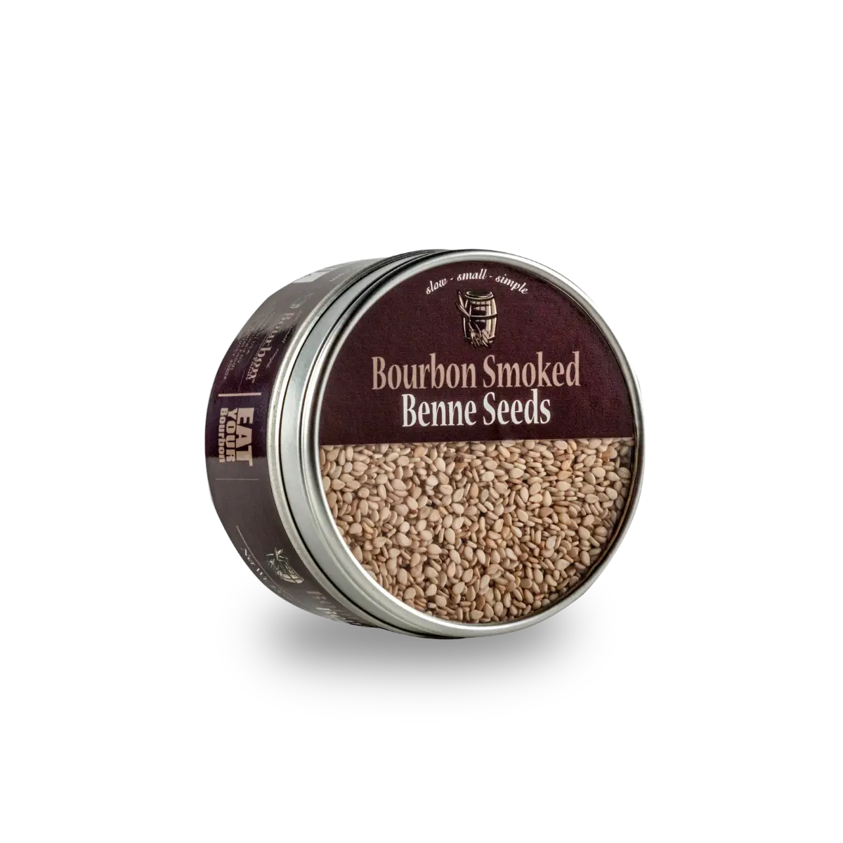 Bourbon Smoked Benne Seeds in metal tin for salads, vegetables, and rice bowls