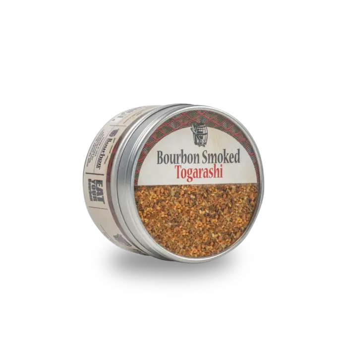 Bourbon Smoked Togarashi spice blend in metal tin for noodles and rice bowls