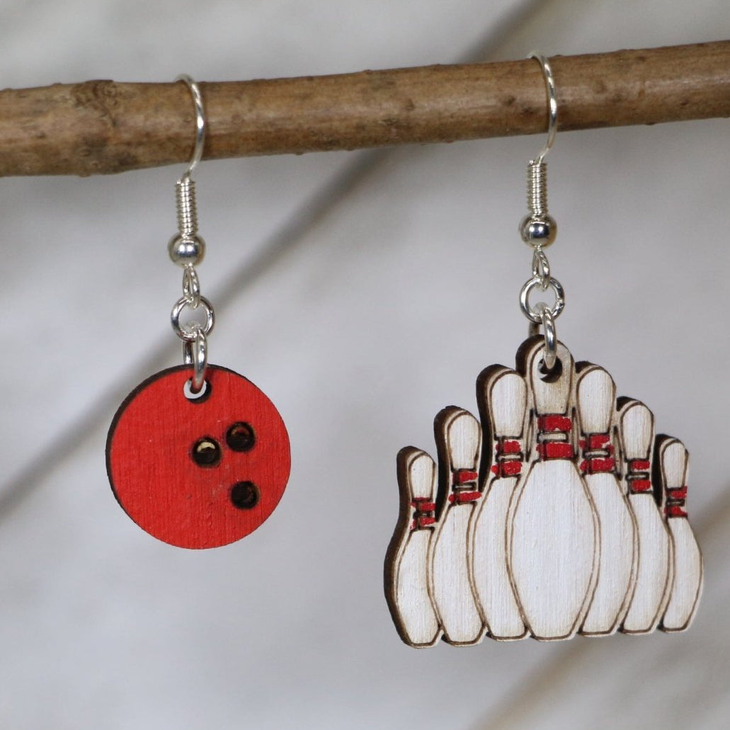 Bowling Ball and Pin Wooden Dangle Earrings | Bowling Jewelry by Cate's Concepts, LLC, handmade jewelry main product photo