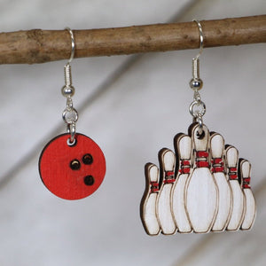Bowling Ball and Pin Wooden Dangle Earrings | Bowling Jewelry