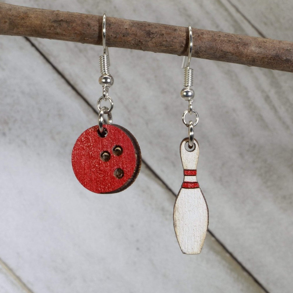 Bowling Pin Ball Wooden Earrings | Bowling Sports Jewelry by Cate's Concepts, LLC, handmade jewelry main product photo